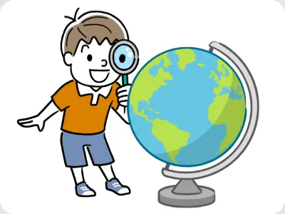虫めがねで地球儀を観察する子ども